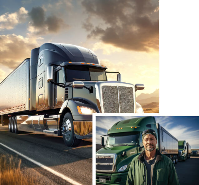 Trucking Image Collage of Semi-Truck Driving Down Interstate and Man Standing in Front of Line of Semi-Trucks